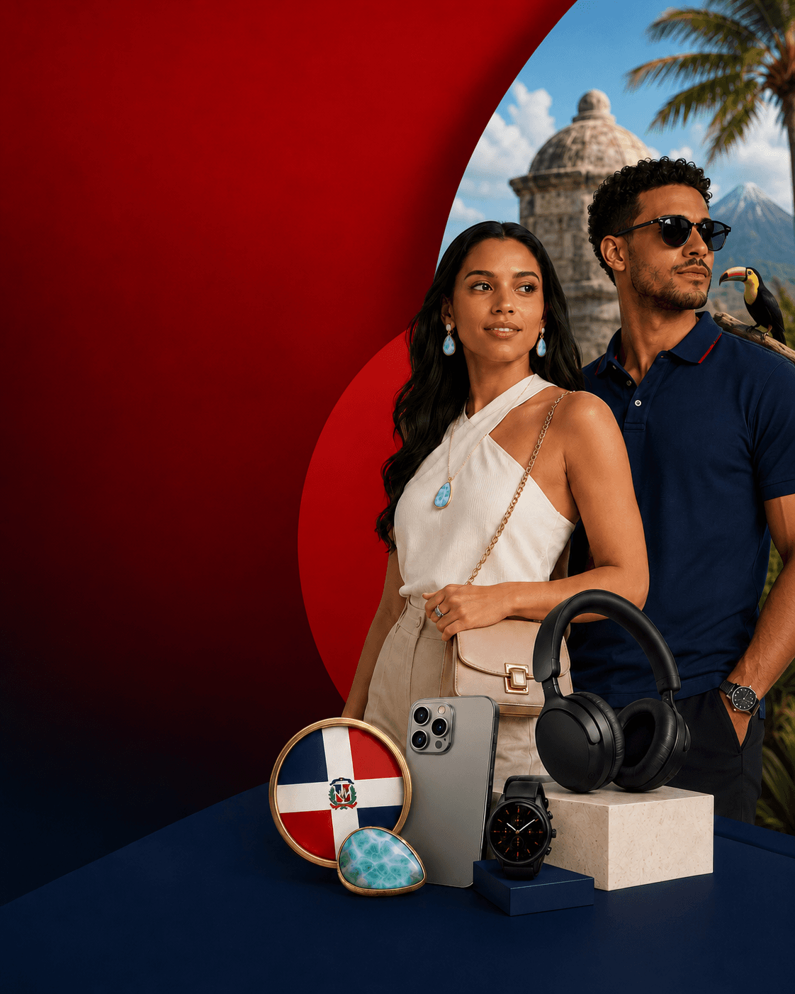 Pareja dominicana con accesorios y electrónica premium